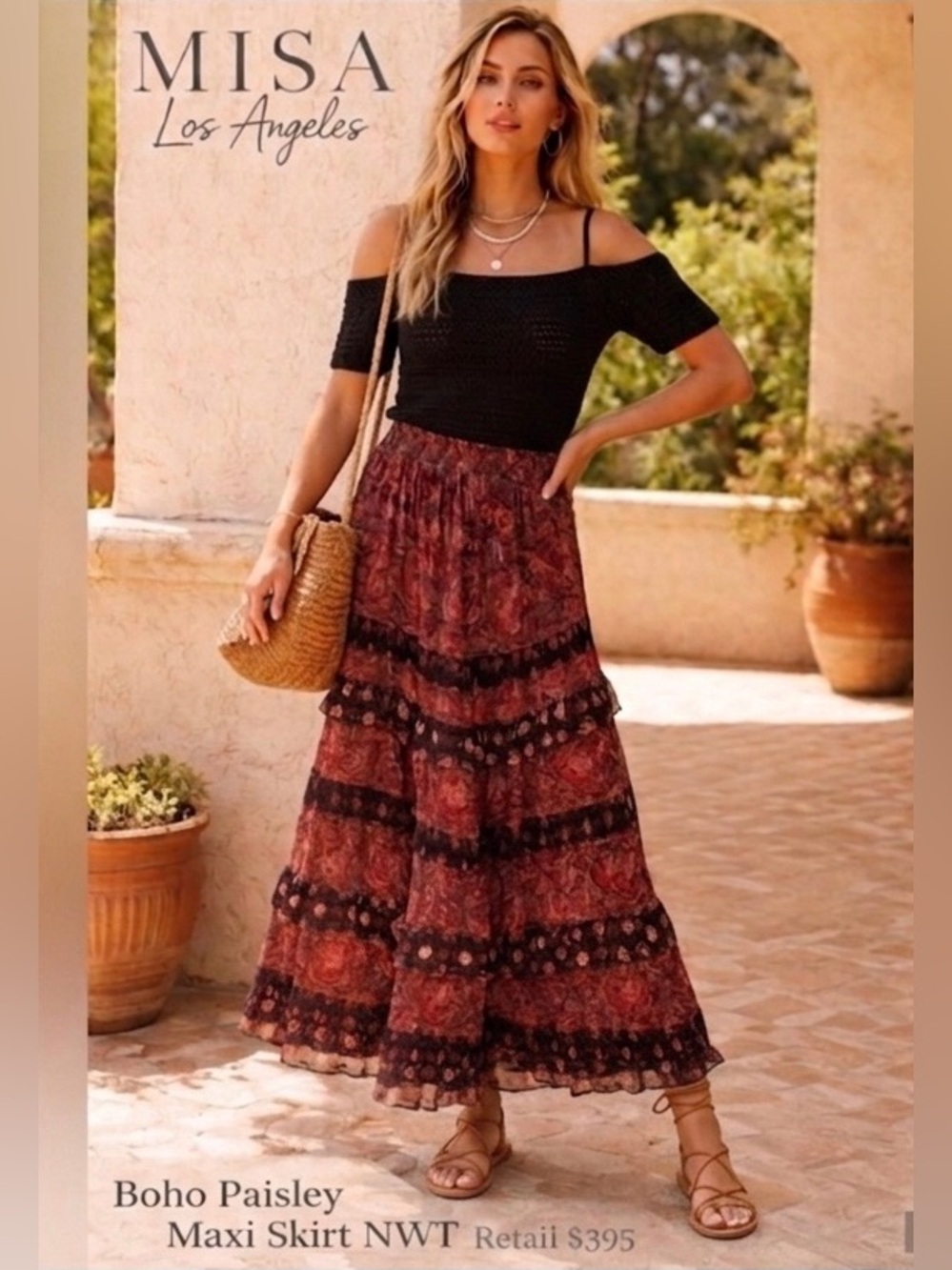 Misa L.A. / Burgundy & Black Boho Paisley Tiered Maxi Skirt - Sz S - NWT